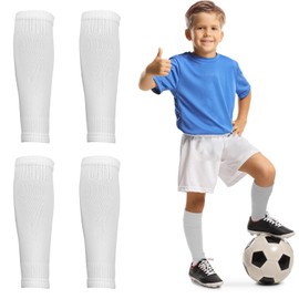 2 Pairs Football Sock Sleeves, Soccer Shin Guards Sleeves Kids Football Leg Sleeves Shin Guards Boys Football Sock for Football Games Beginner(white)