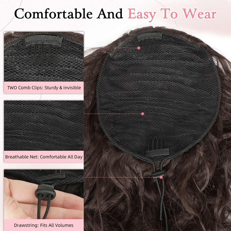 Curly Ponytail Extension, Drawstring Ponytail Hair Extension with 2 Clips,