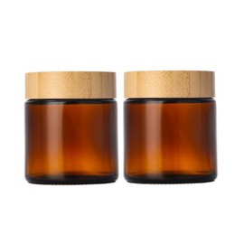 2 Pack 100ml 3.4oz Amber Glass Jars Refillable Cosmetic Containers Sample Jar Pot with Plastic Wood Grain Lids and Inner Liners for Lotion Cream Moisturiser DIY Skincare