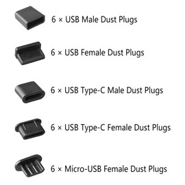 30 PCS 5 Types USB Dust Plugs Covers, Soft Silicone USB Port Anti-dust Plugs, Dust Covers Stoppers for USB Male Ports, USB Female Ports, USB Type C Male Female Ports, Micro USB Ports