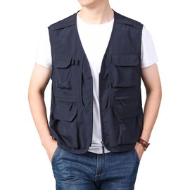 Flygo Men's Utility Cargo Vest Outdoor Summer Work Photo Fishing Safari Travel Vest with Pockets(01NavyBlue-XL)