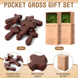 Liliaafar 50 PCS Pocket Cross Gift Set - Olive Wood Pocket Hug Token, Christian Religious Small Mini Cross Gift Box for Prayers Faith Reminder, Baptism & Inspirational Gifts
