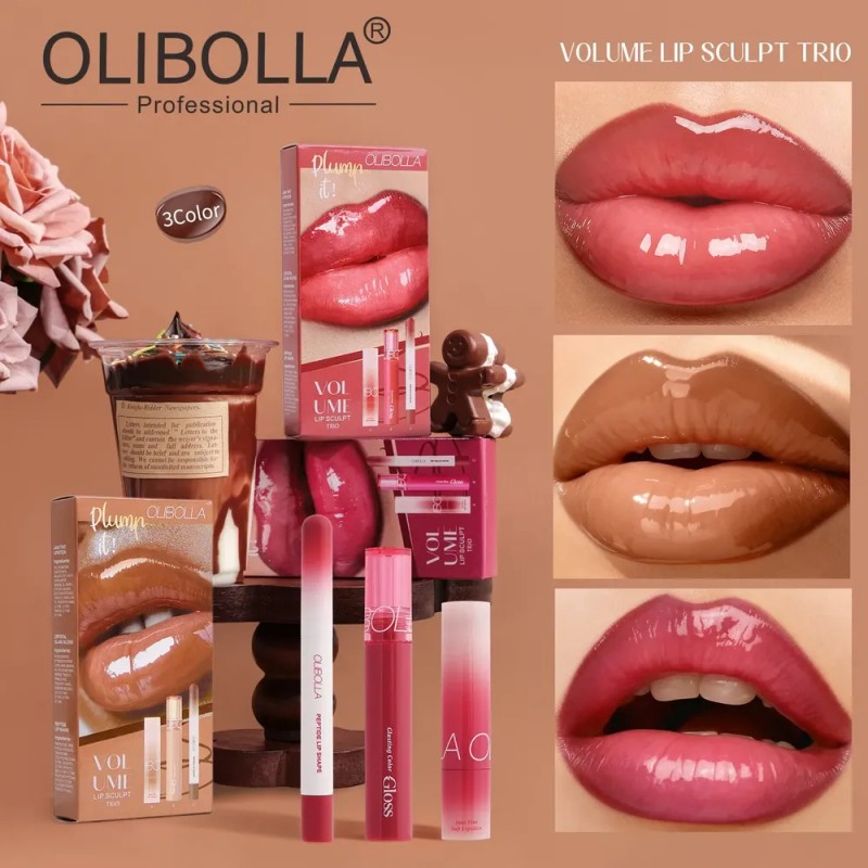 Olibolla Volume Lip Trio Kit Liner,gloss Lipstick Nude Brown