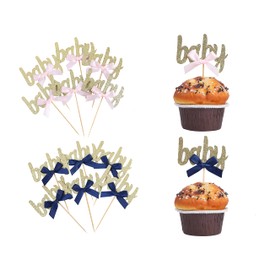 Decoración para cupcakes para baby shower, 12 unidades, decoración de baby shower, rosa rubor, decoración de lazo azul marino, los mejores suministros para baby shower