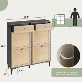 Jocoevol Rattan Shoe Cabinet Storage for Entryway - Hidden 4 Flip Doors & 2 Drawers, Slim & Space-Saving Design for Hallway, Living Room - Black
