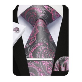 Enlision Pink Tie Paisley Ties for Men Classic Silk Necktie Pocket Square Cufflinks Tie Clip Set Formal Business Wedding Party 4PC