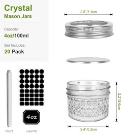 4 oz Glass Jars with Metal Lids,20 Pack 100ml Diamond Regular Mouth Mason Jars, Round Canning Jars Quilted Crystal Jelly Jars for Food Storage