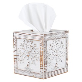 Ukwell Wood Carved Tissue Box Cover Square Tissue Holder Whitewashed Tree of Life Design Rustic Vintage Home Decor for Bathrooom Bedroom Living Room