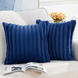 Madizz Set of 2 Faux Fur Plush Decorative Throw Pillow Covers 18x18 inch, 45x45 cm, Blue Fluffy Striped Soft Decorative Cushion Cover for Sofa Bedroom Pillow Shell