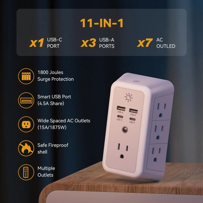 11-IN-1 USB Wall Charger Surge Protector with Night Light 7