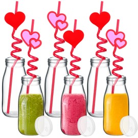 Qinyoung 6 Pack 8.5 oz Valentine Glass Milk Bottles with Lids and Heart Straws Reusable Glass Juice Bottles with Platic Drinking Straws for Valentine's Party Wedding Party Supplies