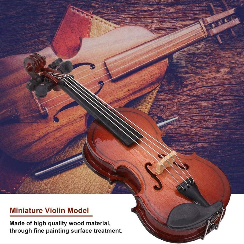 Wooden Miniature Violin with Stand Bow and Case Mini Musical