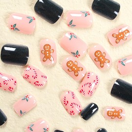 Christmas Short Fake Nails Square Press on Nails Green Pink False Nails with Xmas Fruit Gingerbread Man Crutch Candy Designs French Artificial Nail Acrylic Full Cover Nails for Women and Girls 24Pcs