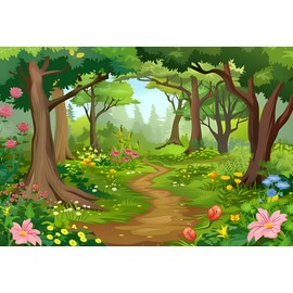 Telón de fondo de tela de dibujos animados de bosque de cuento de hadas, flores de bosque verde del país de las maravillas para baby shower, niños, decoración de fiesta de cumpleaños, accesorios de