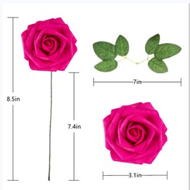 Lansdowns Artificial Flower Foam Rose 25pcs Real Looking Fake Rose with Stems Leaves for Home Decoration Party Garden Centerpieces DIY Wedding Bouquets（Hot Pink）