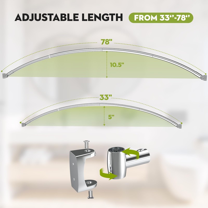 Curved Shower Curtain Rod， Adjustable 33-78 Inches Silver All Stainless