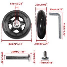 Rhinenet Luggage Suitcase Wheels Outer Diameter 80mm Set Parts Axles Rubber Metal Clear Wheels Roller Bearing Tools Wear-Resistant Set of 2 Wheels 80mm x 24mm x 6mm