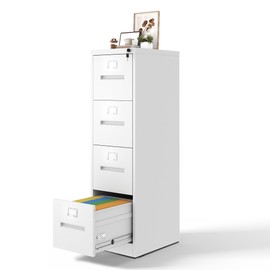 BIZOEIRON 4 Drawer File Cabinet with Lock, Metal Filing Cabinets for Home Office, Vertical Narrow File Cabinet Lockable Steel Storage Cabinets for Letter/Legal/F4/A4 Size, Assembly Required(White)