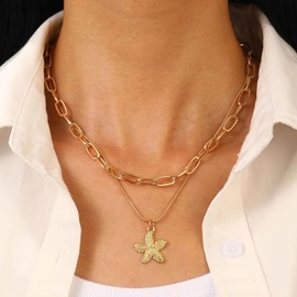 Yecomsy Starfish Layered Necklace Dainty Gold Starfish Seashell Choker Necklaces Beach Surfer Costume Jewelry-B Style