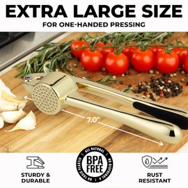 Zulay Kitchen Large Premium Garlic Press Set - Bigger Bowl for Bigger Garlic - Rust Proof & Dishwasher Safe Garlic Mincer Tool - Easy-Squeeze, Easy-Clean Silicone Garlic Peeler & Brush (Gold)