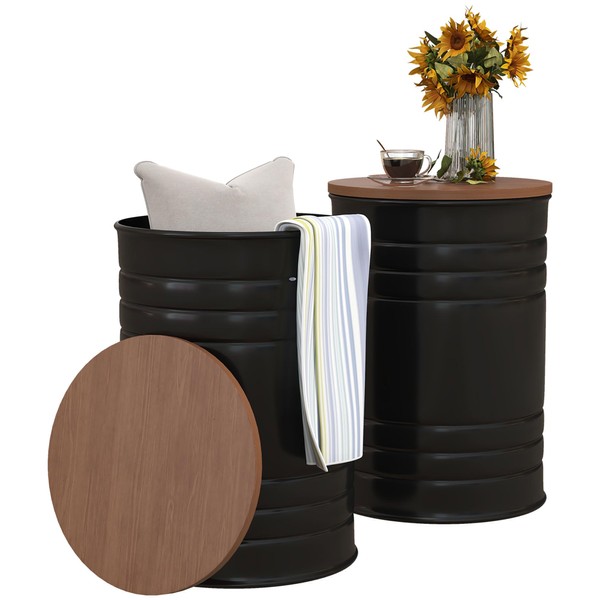 HOMCOM Nesting End Table Set of 2, Round Storage Ottoman