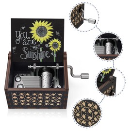 You are My Sunshine Sunflowers Music Boxes,Wooden Hand Crank Engarved Antique Musical Box Gift for Children/Friends/Lovers/Mother,Valentine/Birthday/Christmas Day Presents (Black-B)