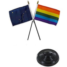 State Alaska & Rainbow Gay 4"x6" Flag Desk Set Table Stick Black Base