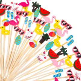 Irenare Summer Pool Beach Cocktail Picks Assorted Picks Tropical Cocktail Bamboo Flamingo Backdrop Ball Slipper Handmade Toothpicks for Appetizers Food Drinks Luau Hawaii Beach Party(600 Pcs)