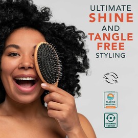 BEAUTY BY EARTH Boar Bristle Hair Brush - Soft & Natural Boar Brush with Nylon Pins, Smoothes & Detangles Frizz & Knots, Distributes Oils for Natural Shine & Stimulates Scalp, Suits All Hair Types