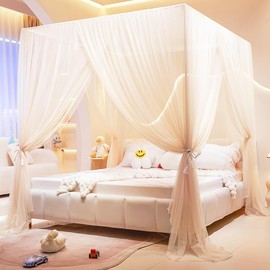 Akiky Princess Canopy Bed Curtains 4 Corners Post Mosquito Net - Cozy Drape Netting 4 Opening Bed Canopy Curtain for Girls Bed Boys Adults (Full,Beige)