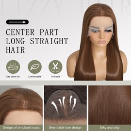 Lizzy Synthetische Spitze Front Perücke Vorgezupft Lange Gerade Klebelose 1b Jet Black Perücken Für Frauen Hitzebeständige Faser Haar Perücke Ready to Wear Perücken Anfängerfreundlich (Hellbraun)