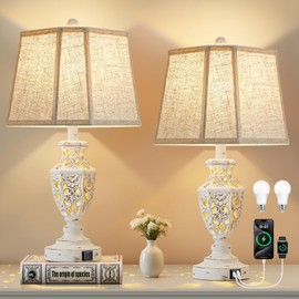 EJIAXIN Lamps for Night Stands Set of 2-23.5" Boho Bedside Lamp with USB A+C and Nightlight - Cream Rustic Carved Resin Farmhouse Table Lamp for Bedrooms, End Tables, Living Room, Bulbs Included