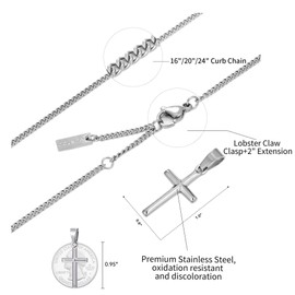 Murtoo Cross Necklace for Men, Stainless Steel Necklace for Men with Cross Pendant, Cross Mens Necklace Simple Jewelry Gift for Men Women, 2" Adjustable Curb Chain (Silver, 16.00)