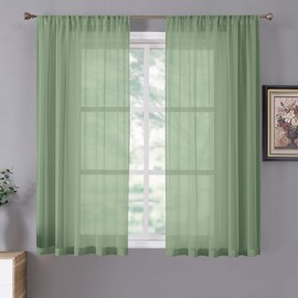 Tollpiz Short Sheer Curtains Linen Textured Living Room Curtain Sheers Light Filtering Rod Pocket Voile Curtains for Bedroom, 42 x 45 inches Long, Sage Green, Set of 2 Panels