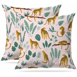 Zovinex Set of 2 Pack Cushion Covers Soft Short Plush Leopards and tropical leaves Pink Throw Pillow Cover Home Pillow Case Pillowcases for Tent Park Bed Sofa Chair Bedroom Decorative Balcony 40x40cm