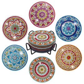 Temlum 6 Pcs Diamond Painting Coasters Kit with Holder, DIY Mandala Diamond Art Coasters Kits for Beginners, Adults & Kids Small Diamond Painting Craft Supplies