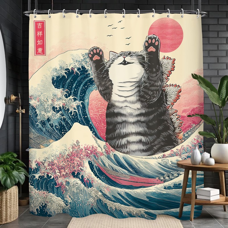 Glioown Funny Japanese Cat Shower Curtain 60Wx71L, Hilarious Cool Animal