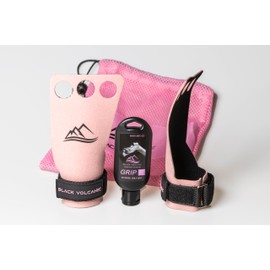 Black Volcanic - Carbon Hand Grips in Pink 3H for Crossfit Training Plus Pink Liquid Chalk and Mesh Bag. (Large)