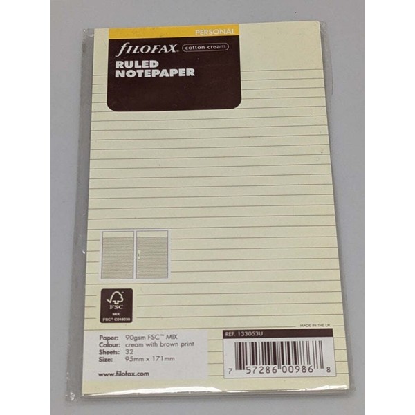 Filofax Personal Cotton Cream Ruled Notepaper Refill #133053