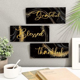 Gerrii 3 Pcs Thankful Grateful Blessed Wall Decor for Thanksgiving Christmas Abstract Marble Style Wall Decor Art Modern Wooden Hanging Wall Signs Plaque for Home Living Room Family(Classic Style)