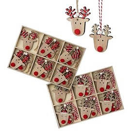 Heaven Sends Reindeer with Gold/Red Antlers Wooden Tree Decorations - Set of 12 in a tray