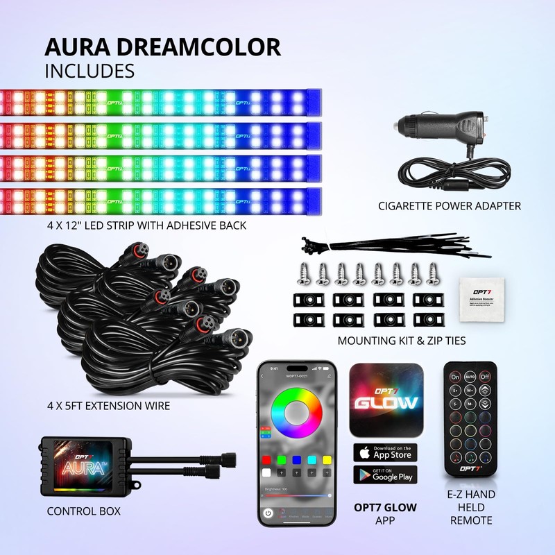 OPT7 Aura DreamColor Interior Light Strips, 4PC Double RGB-IC LED