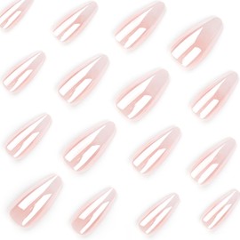 Ombre Press on Nails Medium Almond Fake Nails Nude False Nails Press ons with Design Natural Acrylic Nails Cute Nails Glossy Full Cover Glue on Nails Artificial Stick on Nails for Women Manicure 24Pcs