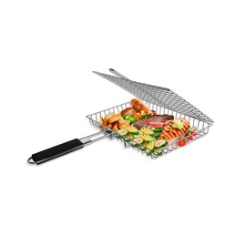 Grill Basket, Stainless Steel Fish Grilling Basket, Portable Folding BBQ Rack with Removable Handle, Grilling Accessories for Outdoor Cooking Vegetables Seafood Meat