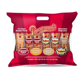Popcornopolis Gourmet Popcorn Cone Variety Pack – Zebra Popcorn, Cheddar Cheese Popcorn, Caramel Popcorn & Kettle Corn Popcorn, Great for Gifting & Sharing, (12-Count)