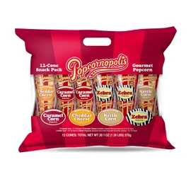 Popcornopolis Gourmet Popcorn Cone Variety Pack – Zebra Popcorn, Cheddar Cheese Popcorn, Caramel Popcorn & Kettle Corn Popcorn, Great for Gifting & Sharing, (12-Count)