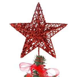 KEYIDO® Red Star Christmas Tree Topper, 8 Inch Metal Red Glitter Star Tree Topper, 3D Red Xmas Tree Star Topper (20cm H, 15cm W)