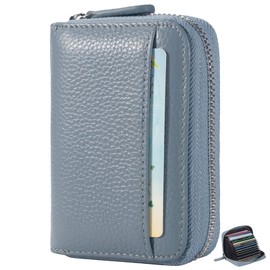 RSXING Credit Card Holder Women's Genuine Leather RFID Protection Blocker Card Case Small Card Holder Purse Women Mini Card Wallet with Zip, blue, Modern