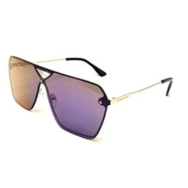 Rimless Oversized Flat Top Shield Square Aviator Sunglasses (Gold & Black Frame, Blue Iridium Mirror Lens)