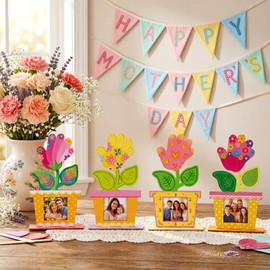 Lineshading 4 Sets Mother's Day Hand Picture Frame Crafts, Unfinished Wooden DIY Handprint Flower Pot Picture Frame, Keepsake Gifts for Spring Mother's Day Party Home Activities